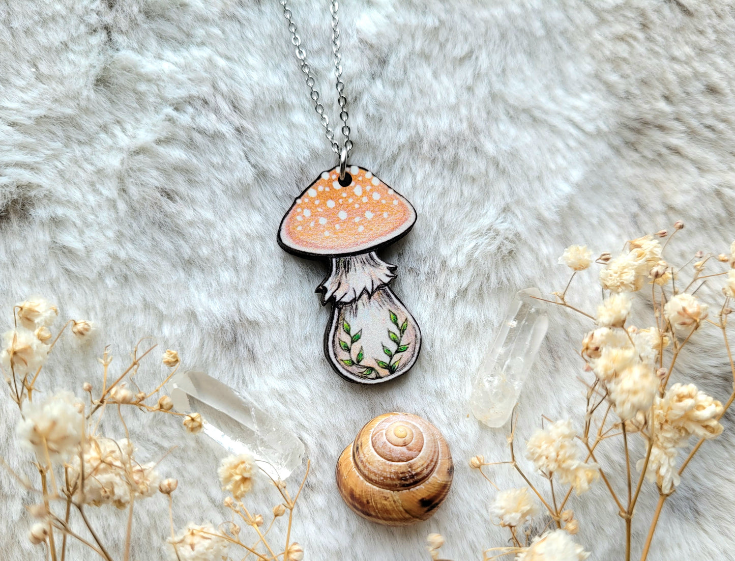 Peach Mushroom illustrated necklace, responsibly sourced cherry wood, chain options available, by Grace Moth