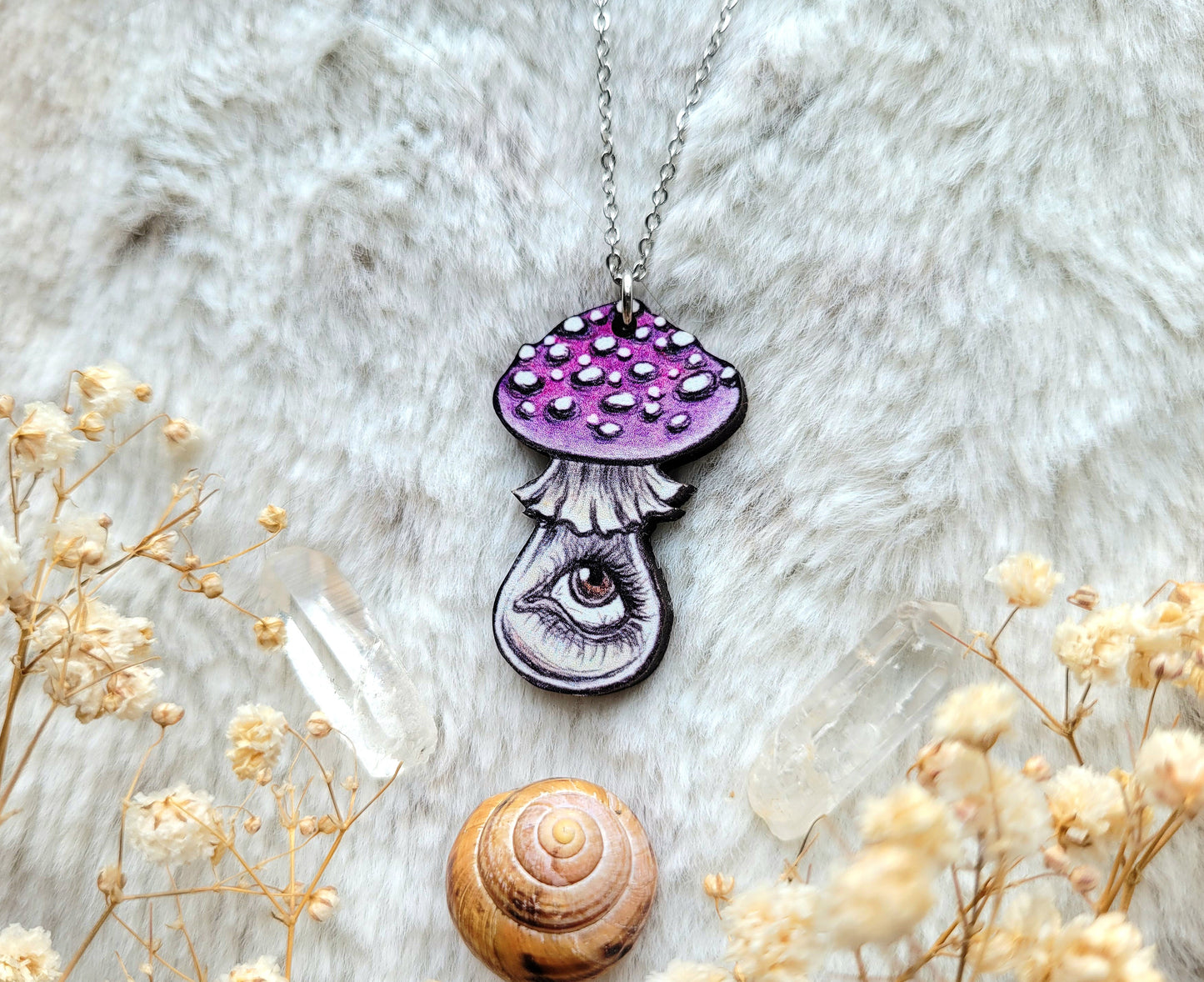 Purple Mushroom illustrated necklace, responsibly sourced cherry wood, chain options available, by Grace Moth