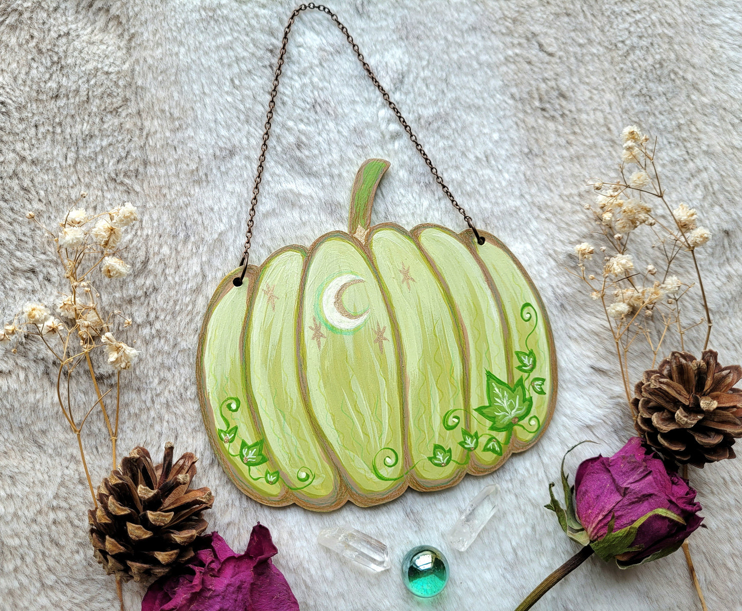 Original painted spring pumpkin - Green - One of a kind handmade wall hanging by Grace Moth
