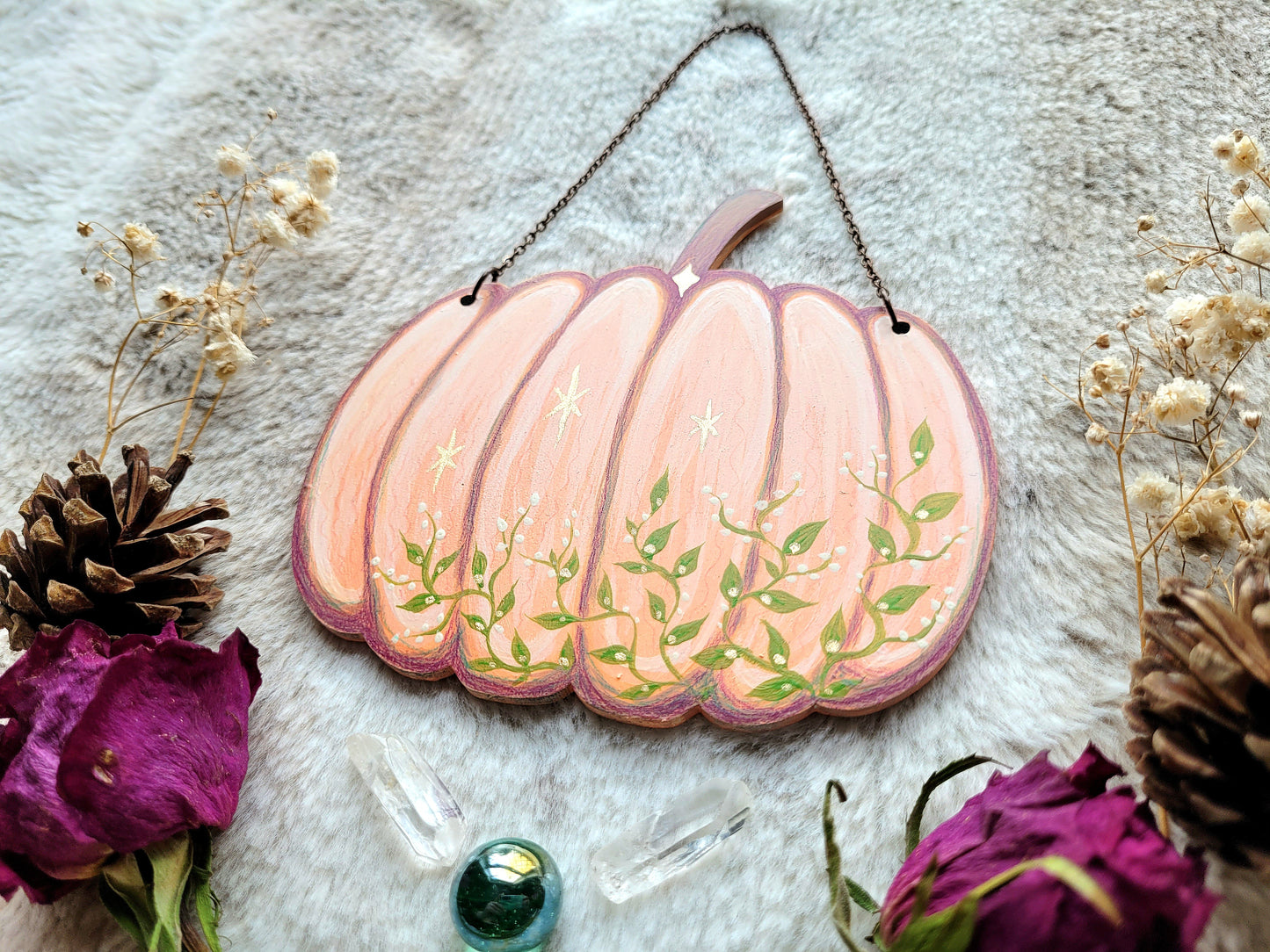 Original painted spring pumpkin - Pink - One of a kind handmade wall hanging by Grace Moth