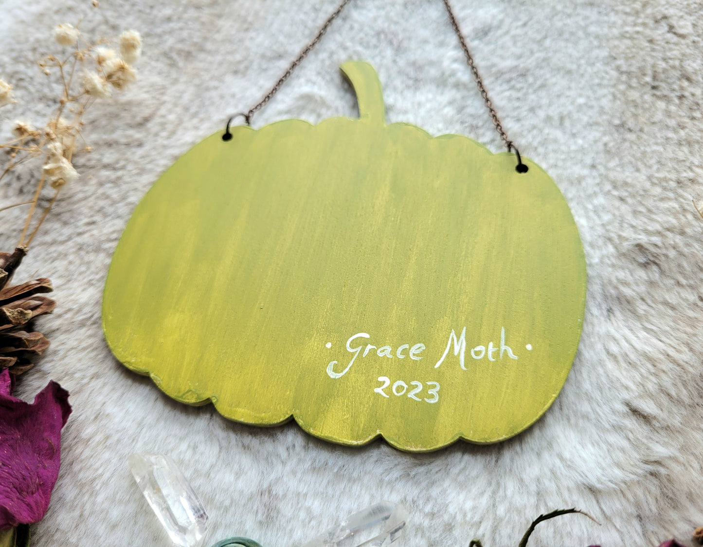 Original painted spring pumpkin - Green - One of a kind handmade wall hanging by Grace Moth