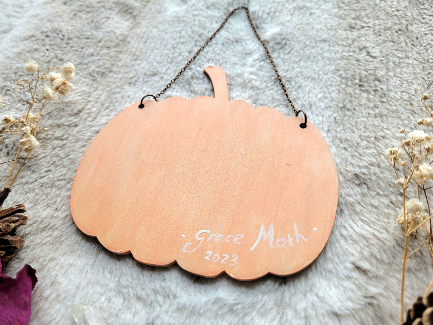 Original painted spring pumpkin - Pink - One of a kind handmade wall hanging by Grace Moth