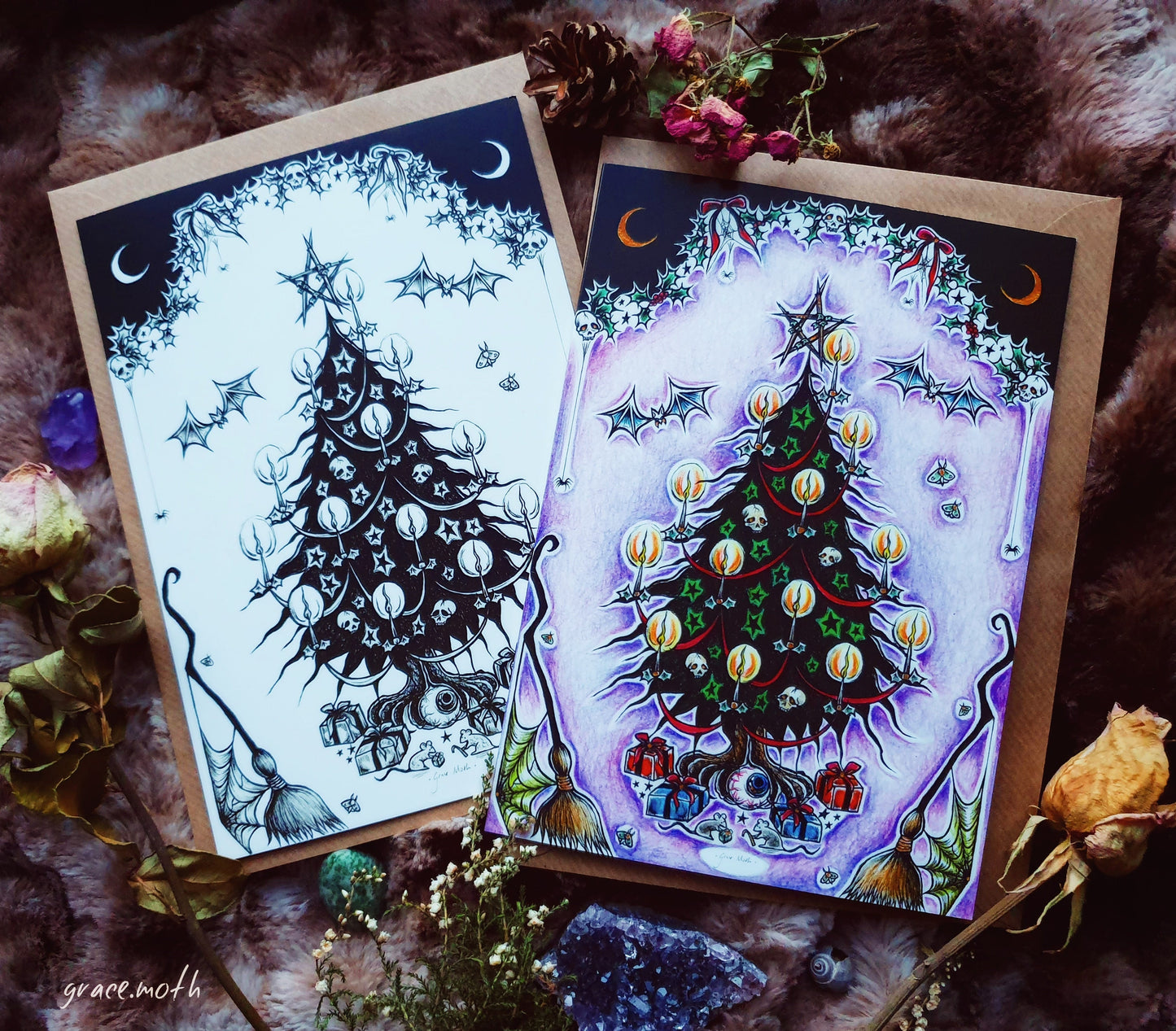 Gothic christmas tree - black and white - A5 greeting card by Grace Moth - 5.8 x 8.3