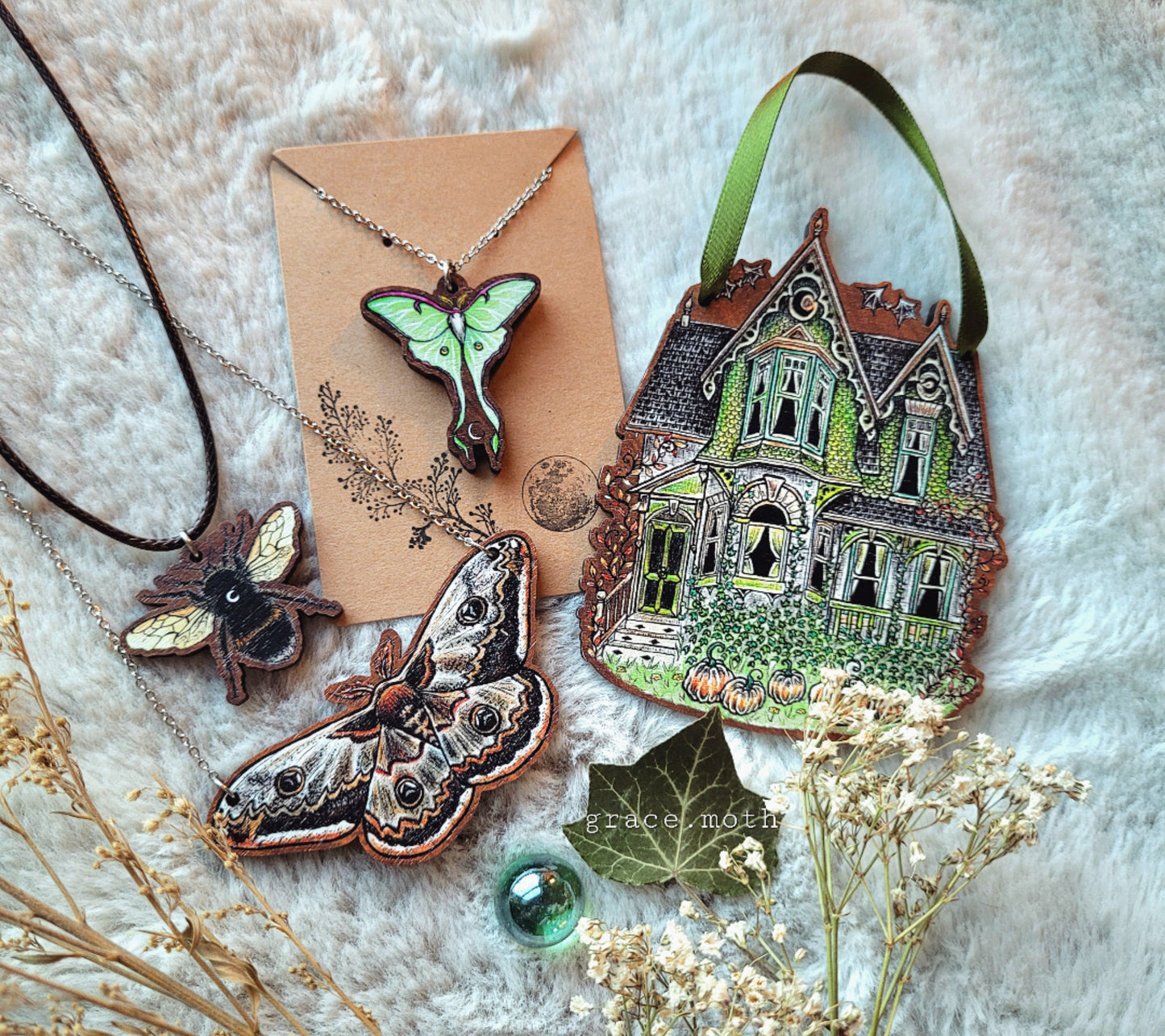 Fairy Teapot Illustrated necklace, responsibly sourced cherry wood, chain options available, by Grace Moth
