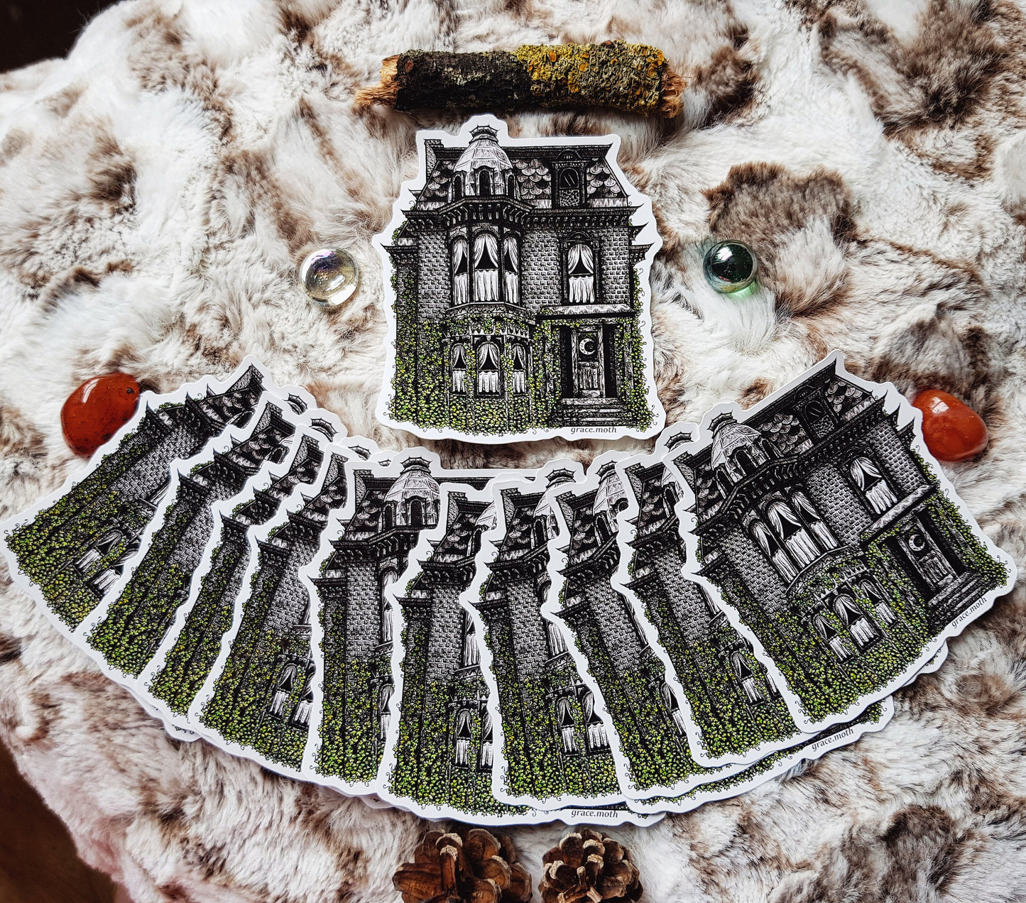 Haunted House - Vinyl Sticker 10cm by 9cm - illustrated by Grace Moth. Gothic art, witch, ivy, spooky, fantasy, inkwork, victorian house