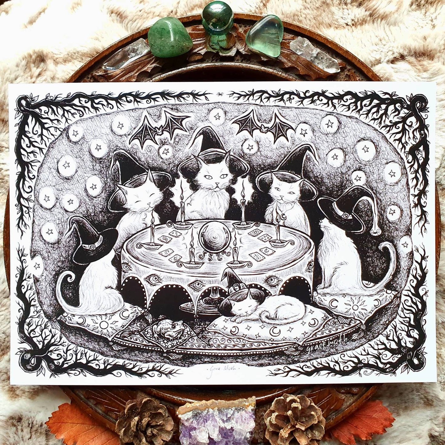 Cat Coven - dark version - A5 art print by Grace Moth - 5.8 x 8.3
