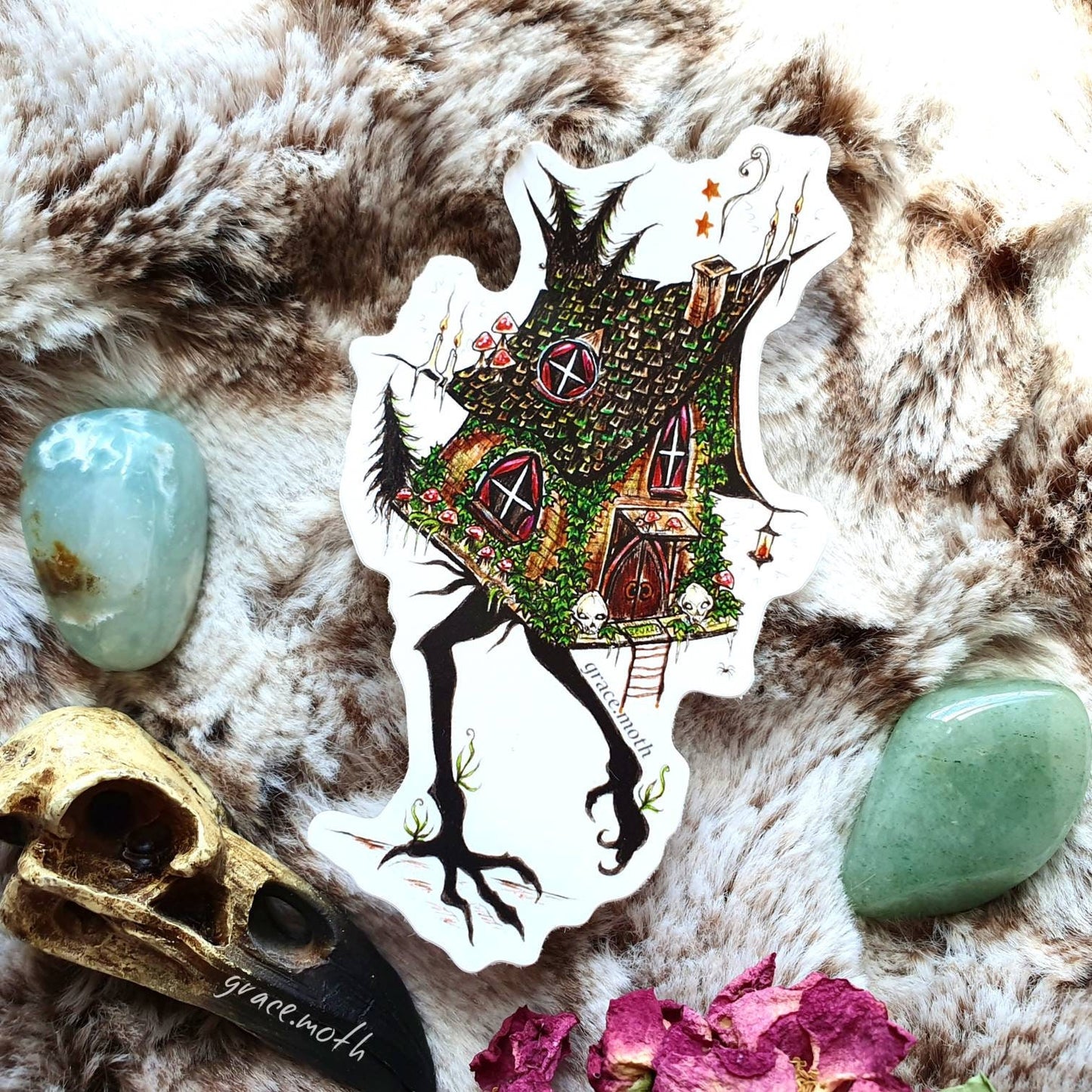 Baba Yaga House - Vinyl Sticker 10cm by 6cm. Illustrated by Grace Moth. Folklore, witchy, horror, chicken house