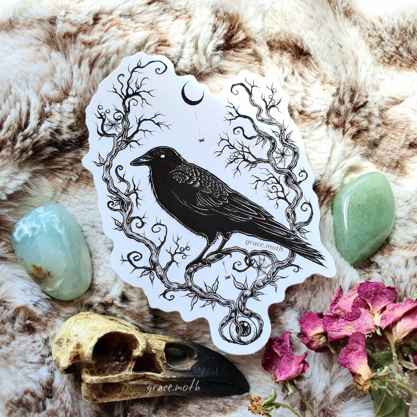 Crow - Vinyl Sticker 10cm by 7.5cm - illustrated by Grace Moth. Inkwork, gothic art, ink and pen, witches familiar, witchy, fantasy folklore