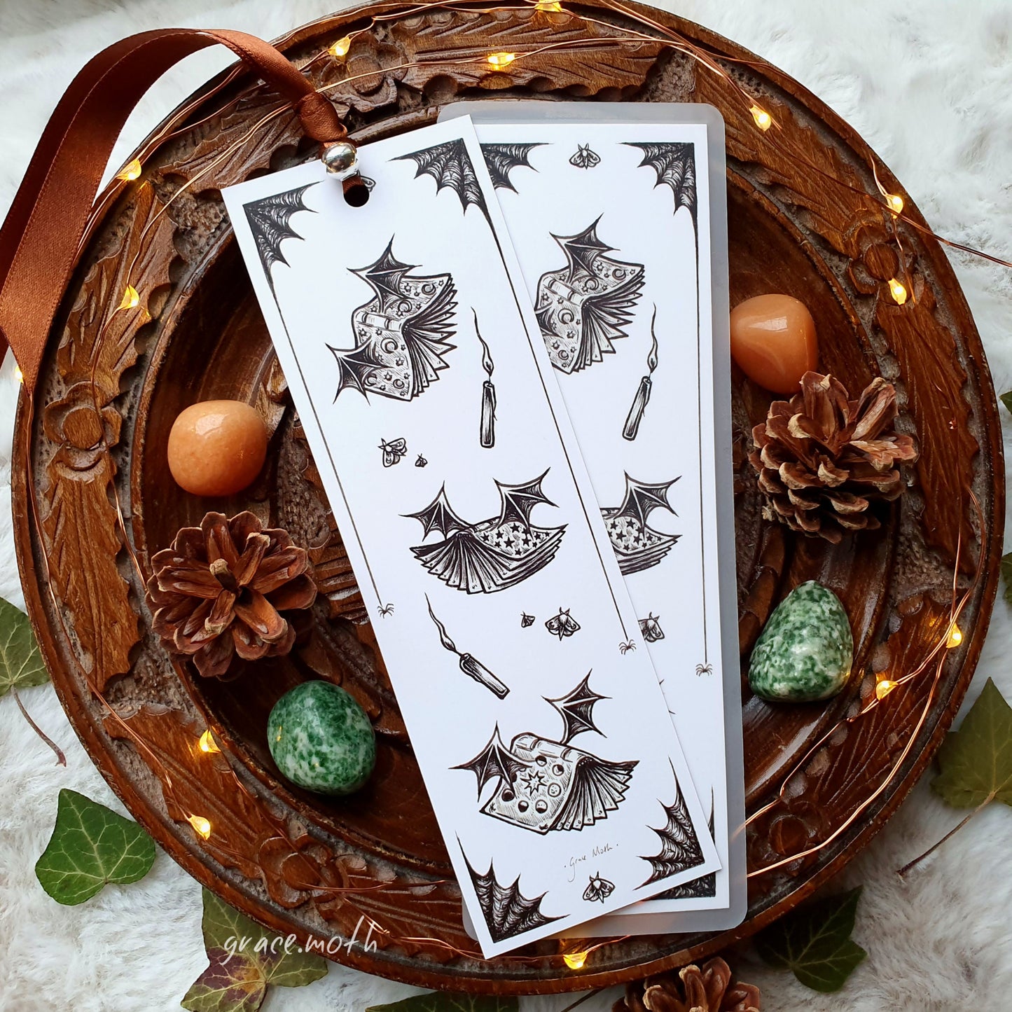 Book Bats Bookmark - illustrated by Grace Moth, ribbon and laminating options, halloween spooky art