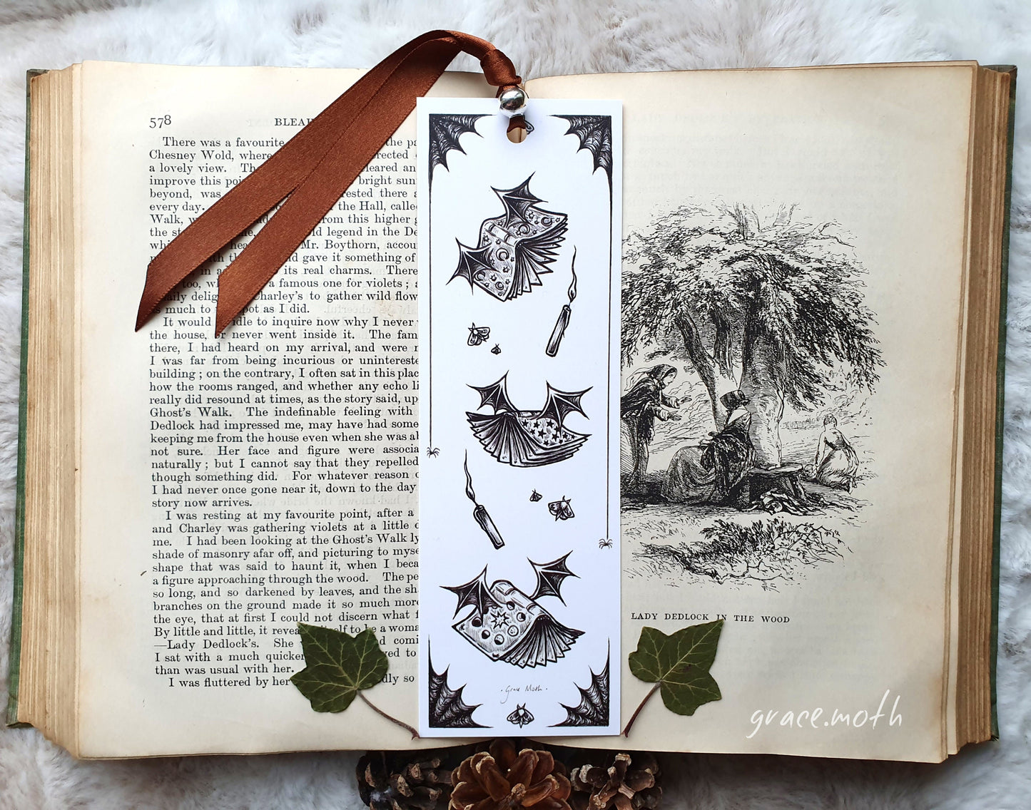 Book Bats Bookmark - illustrated by Grace Moth, ribbon and laminating options, halloween spooky art