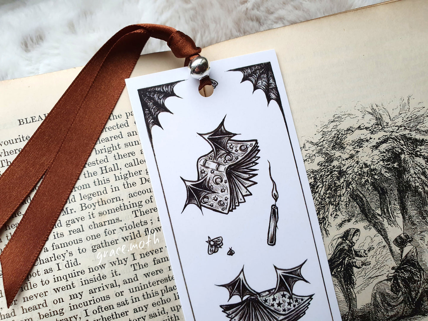 Book Bats Bookmark - illustrated by Grace Moth, ribbon and laminating options, halloween spooky art