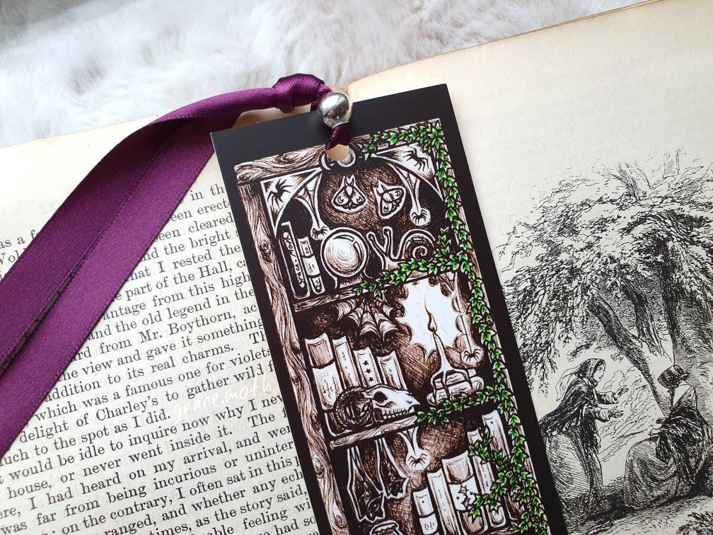 Oddities Bookshelf Bookmark - illustrated by Grace Moth, ribbon and laminating options