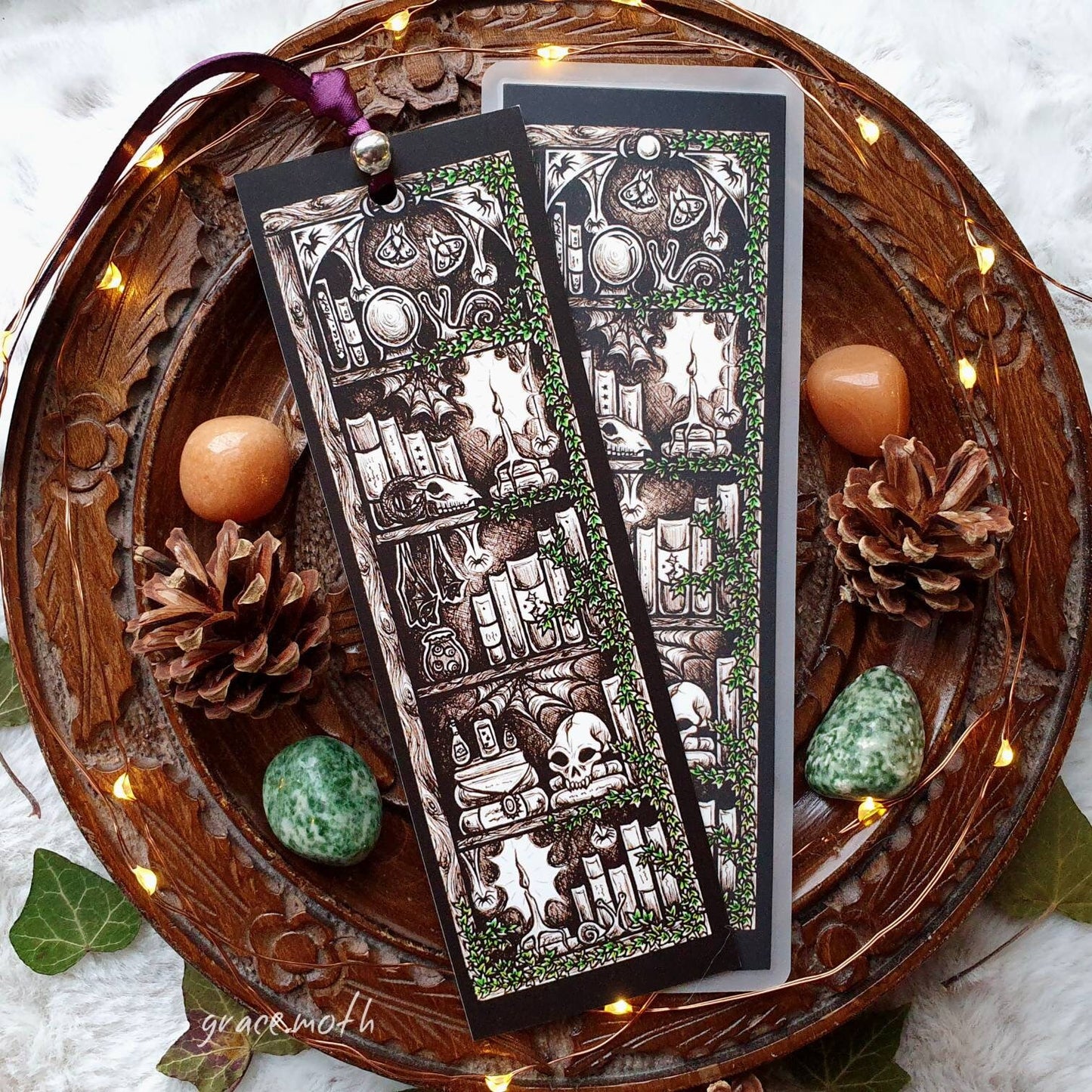 Oddities Bookshelf Bookmark - illustrated by Grace Moth, ribbon and laminating options