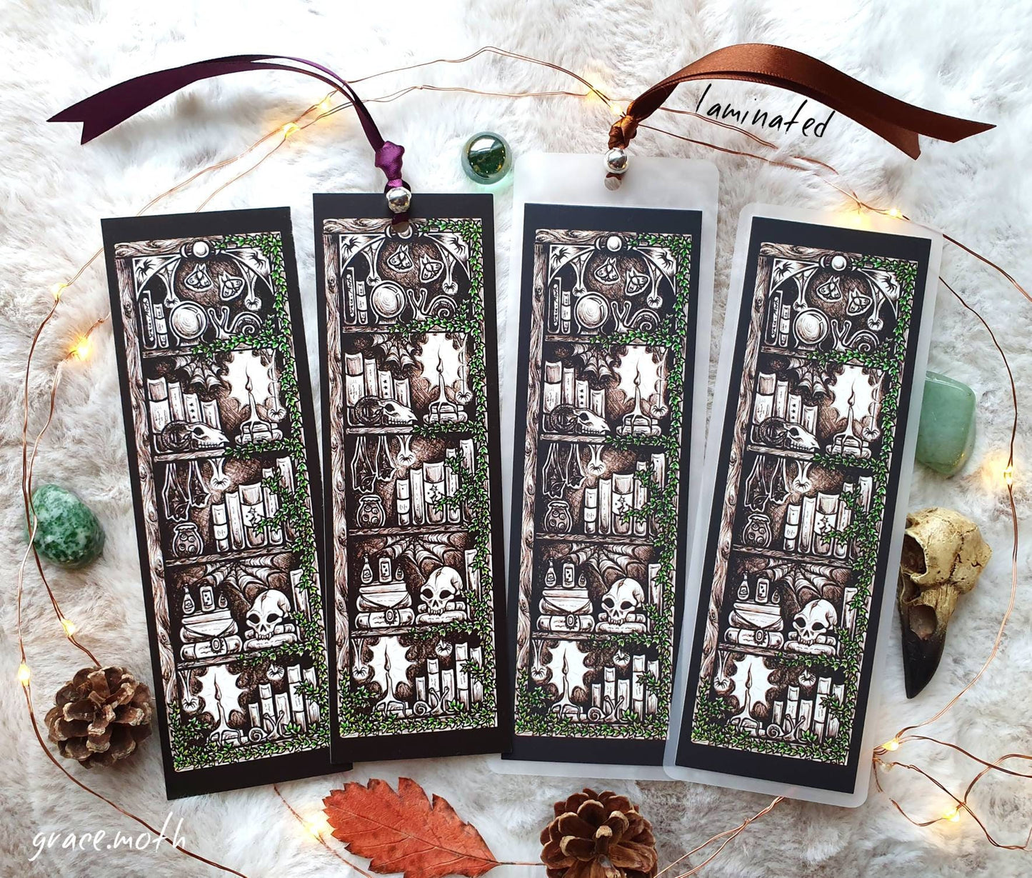 Oddities Bookshelf Bookmark - illustrated by Grace Moth, ribbon and laminating options
