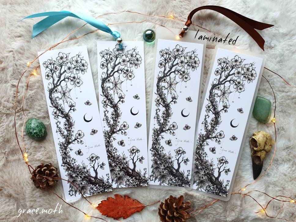 Dark Blossom Bookmark - illustrated by Grace Moth, ribbon and laminating options