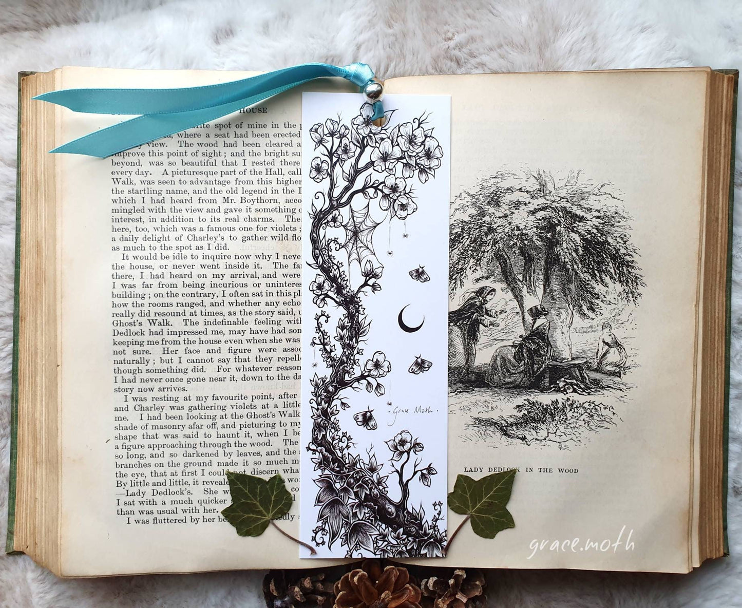 Dark Blossom Bookmark - illustrated by Grace Moth, ribbon and laminating options