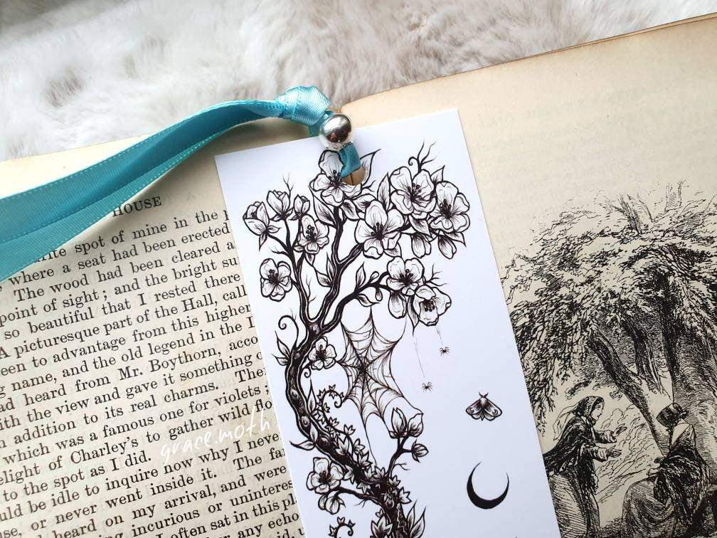 Dark Blossom Bookmark - illustrated by Grace Moth, ribbon and laminating options