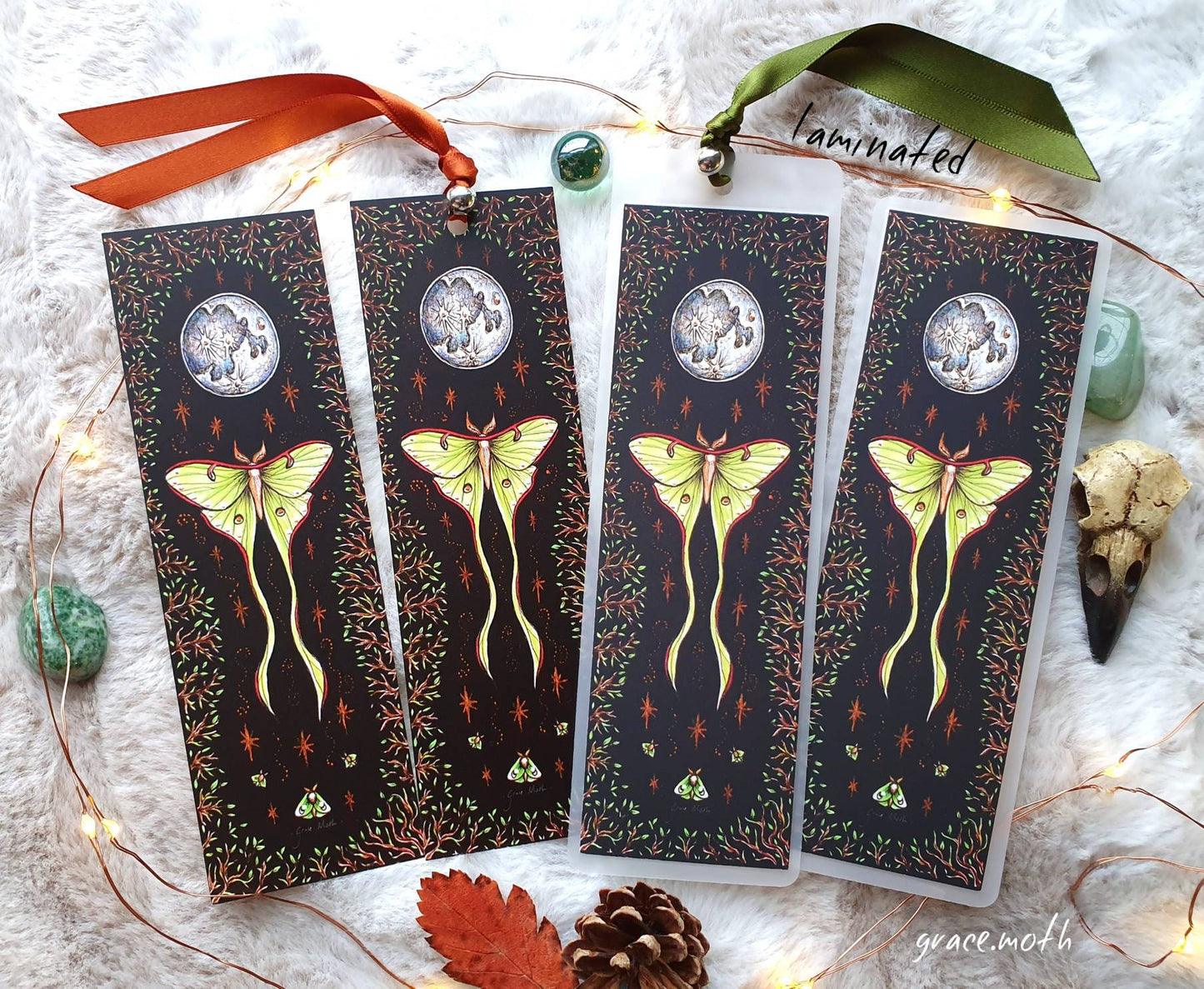 Luna Moth Bookmark - illustrated by Grace Moth, ribbon and laminating options