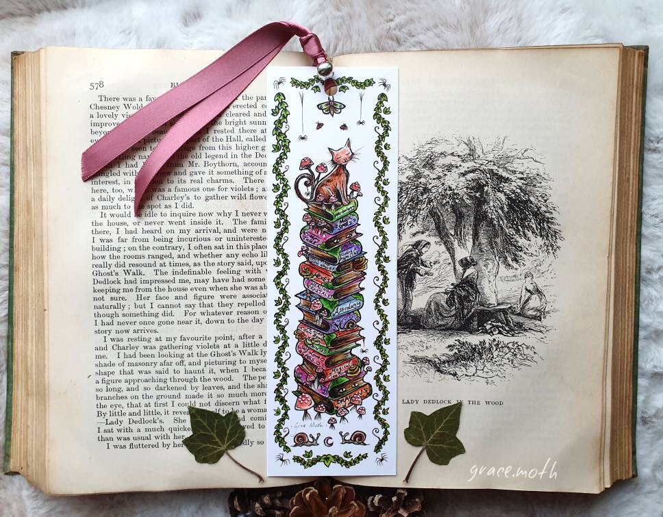 Mossy Bookpile Bookmark - illustrated by Grace Moth, ribbon and laminating options