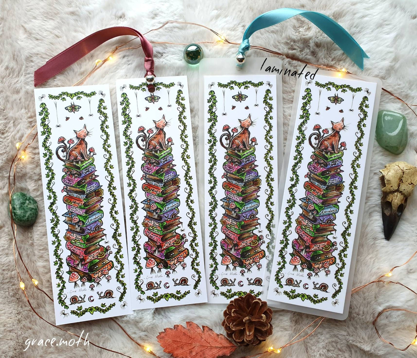 Mossy Bookpile Bookmark - illustrated by Grace Moth, ribbon and laminating options