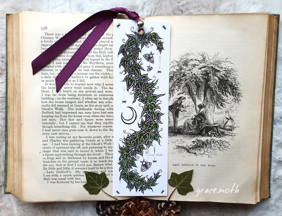Ivy Moon Bookmark - illustrated by Grace Moth, ribbon and laminating options