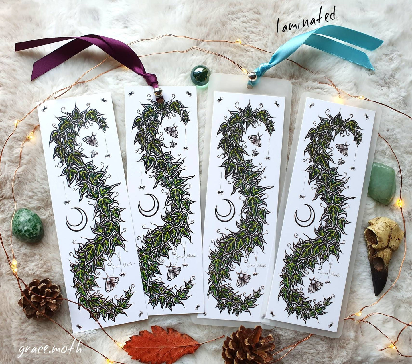 Ivy Moon Bookmark - illustrated by Grace Moth, ribbon and laminating options