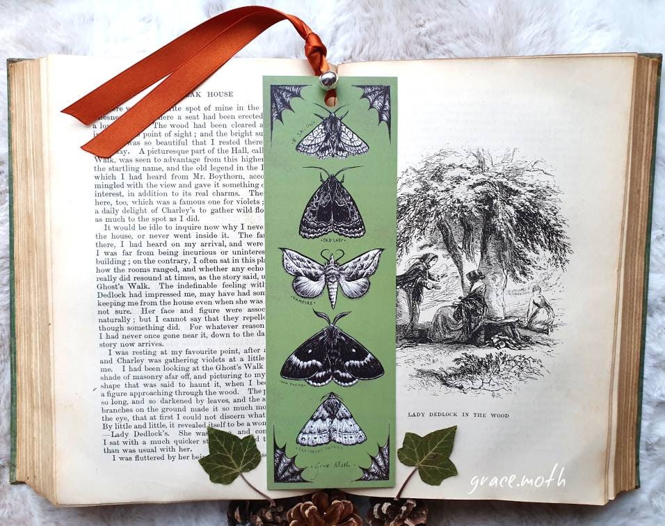 Moths Bookmark - illustrated by Grace Moth, ribbon and laminating options
