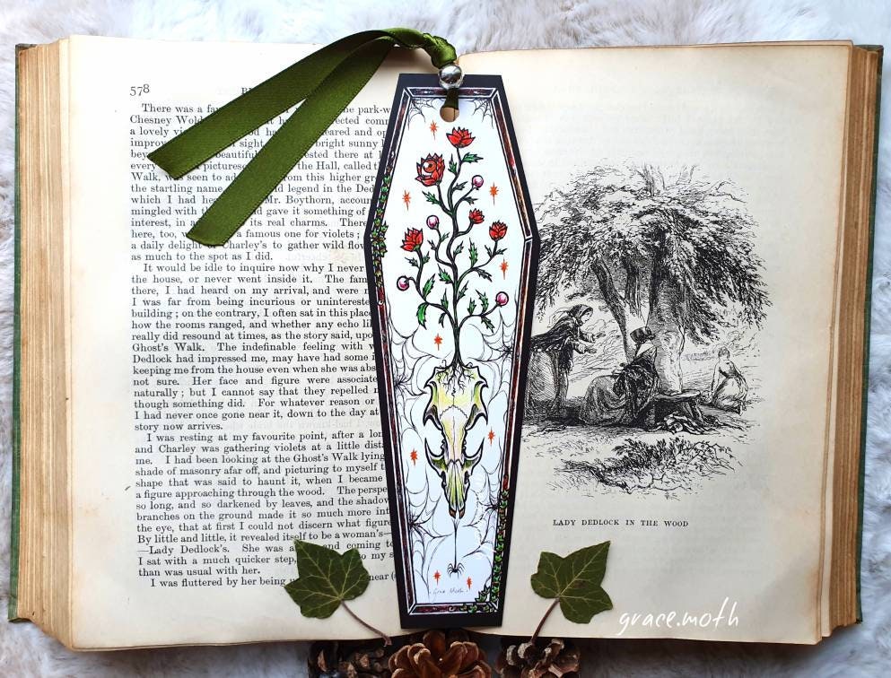 Rat Skull coffin Bookmark - illustrated by Grace Moth, ribbon and laminating options