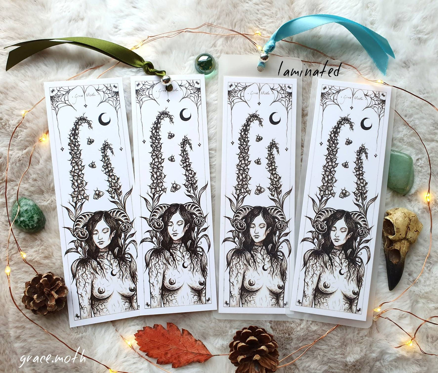 Moon Goddess Bookmark - illustrated by Grace Moth, ribbon and laminating options