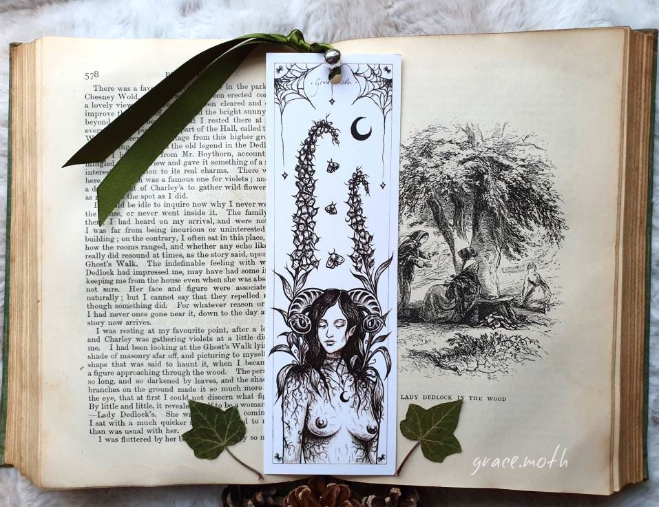 Moon Goddess Bookmark - illustrated by Grace Moth, ribbon and laminating options