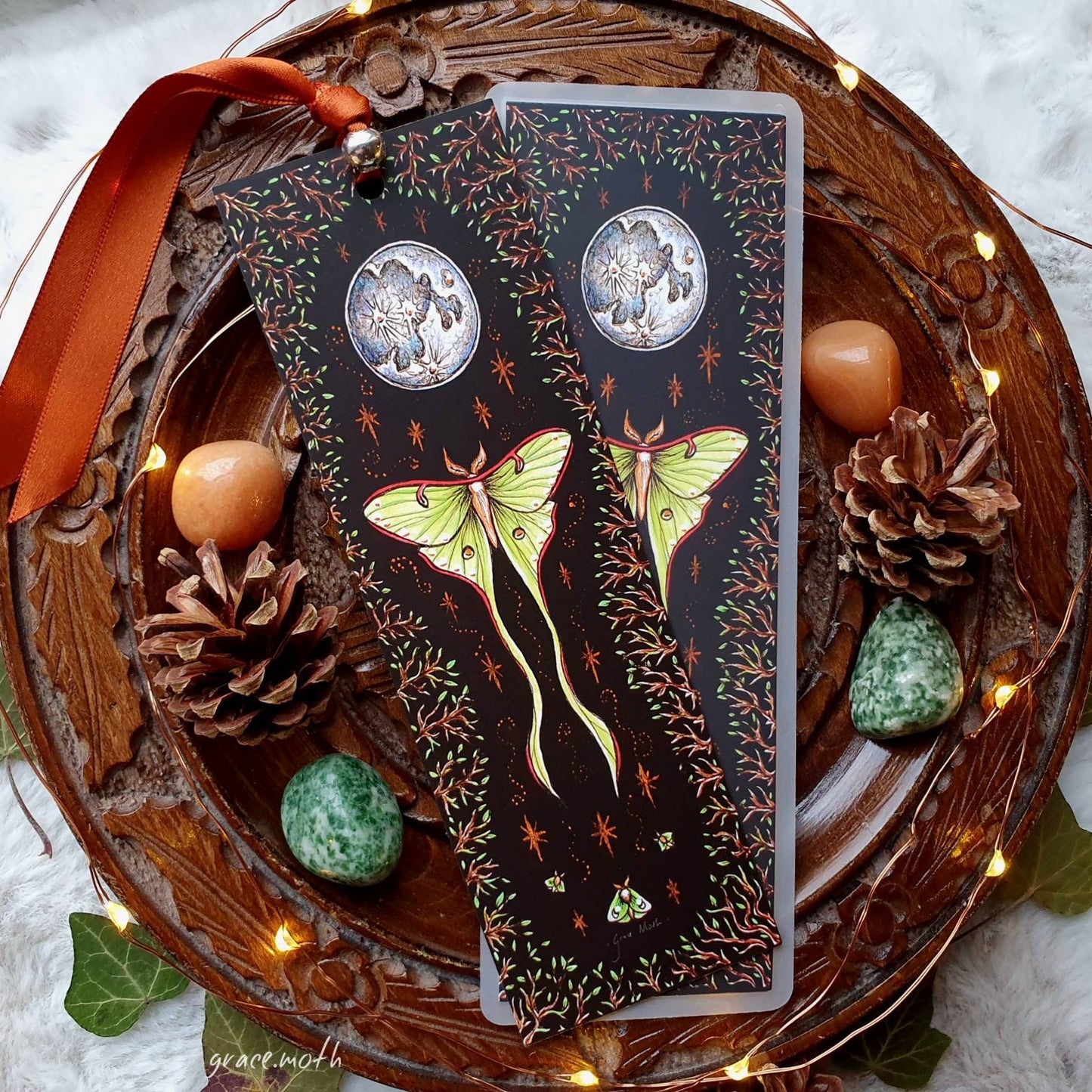 Luna Moth Bookmark - illustrated by Grace Moth, ribbon and laminating options