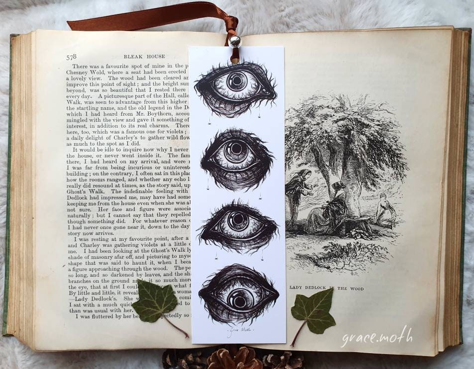 Creepy Eyes Bookmark - illustrated by Grace Moth, ribbon and laminating options