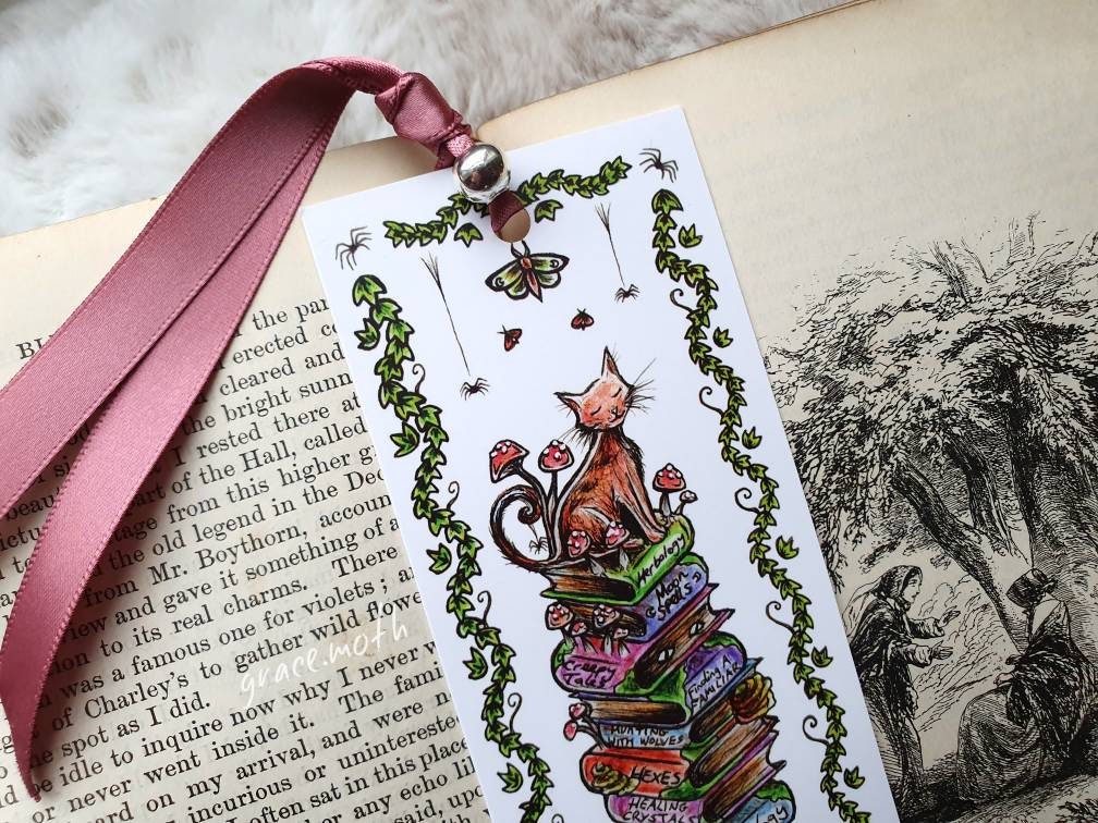 Mossy Bookpile Bookmark - illustrated by Grace Moth, ribbon and laminating options