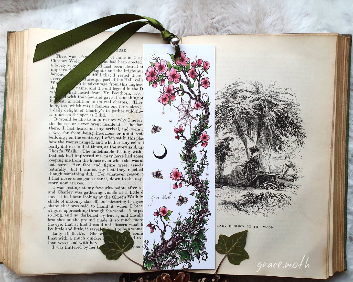 Pink Blossom Bookmark - illustrated by Grace Moth, ribbon and laminating options