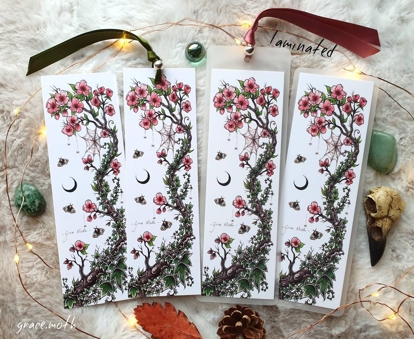 Pink Blossom Bookmark - illustrated by Grace Moth, ribbon and laminating options