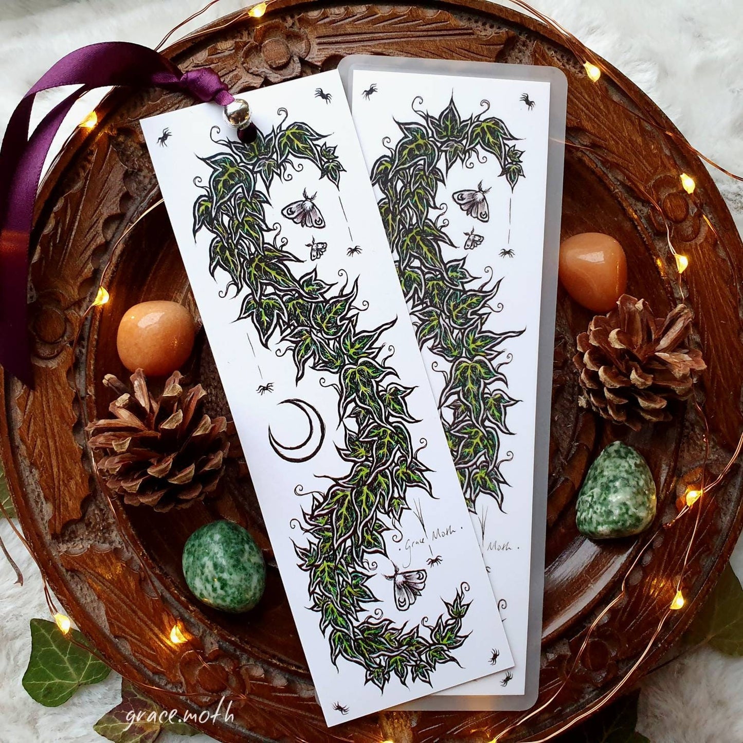 Ivy Moon Bookmark - illustrated by Grace Moth, ribbon and laminating options