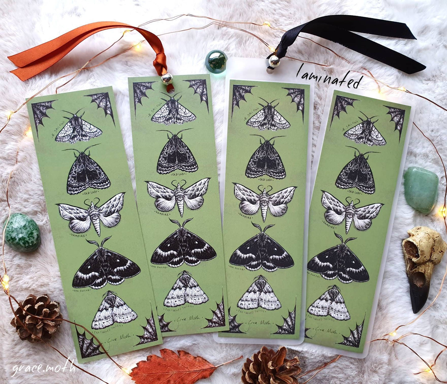 Moths Bookmark - illustrated by Grace Moth, ribbon and laminating options