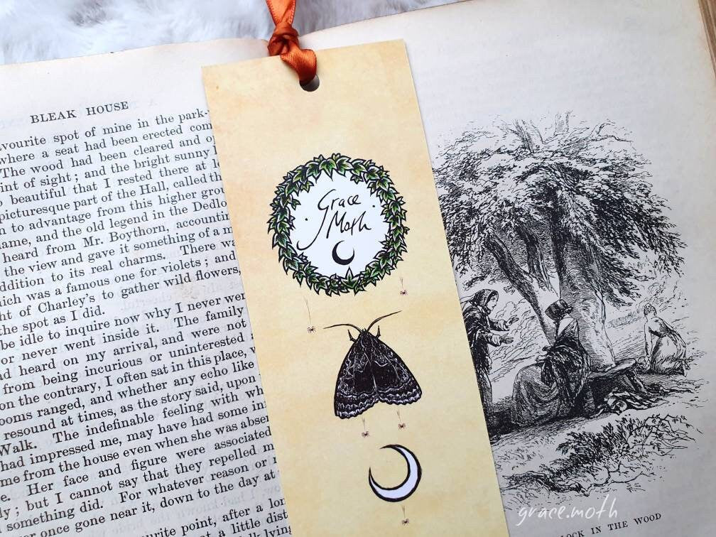 Dark Blossom Bookmark - illustrated by Grace Moth, ribbon and laminating options