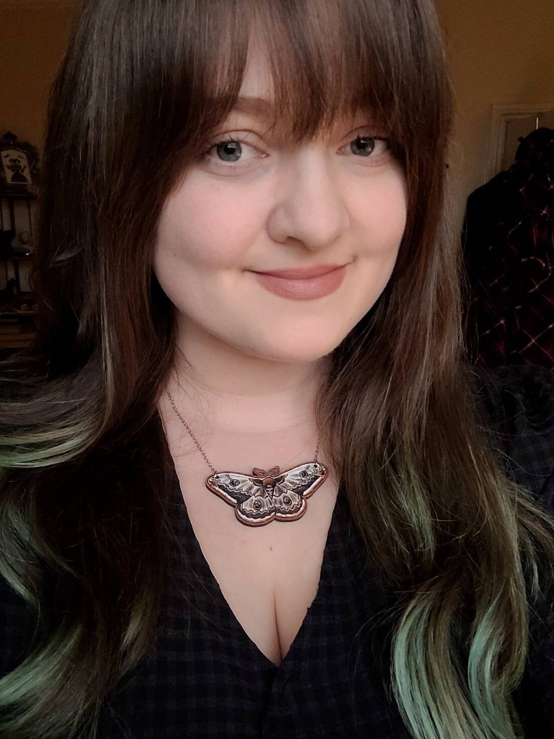 Large Emperor Moth illustrated necklace, responsibly sourced cherry wood, chain options available, by Grace Moth