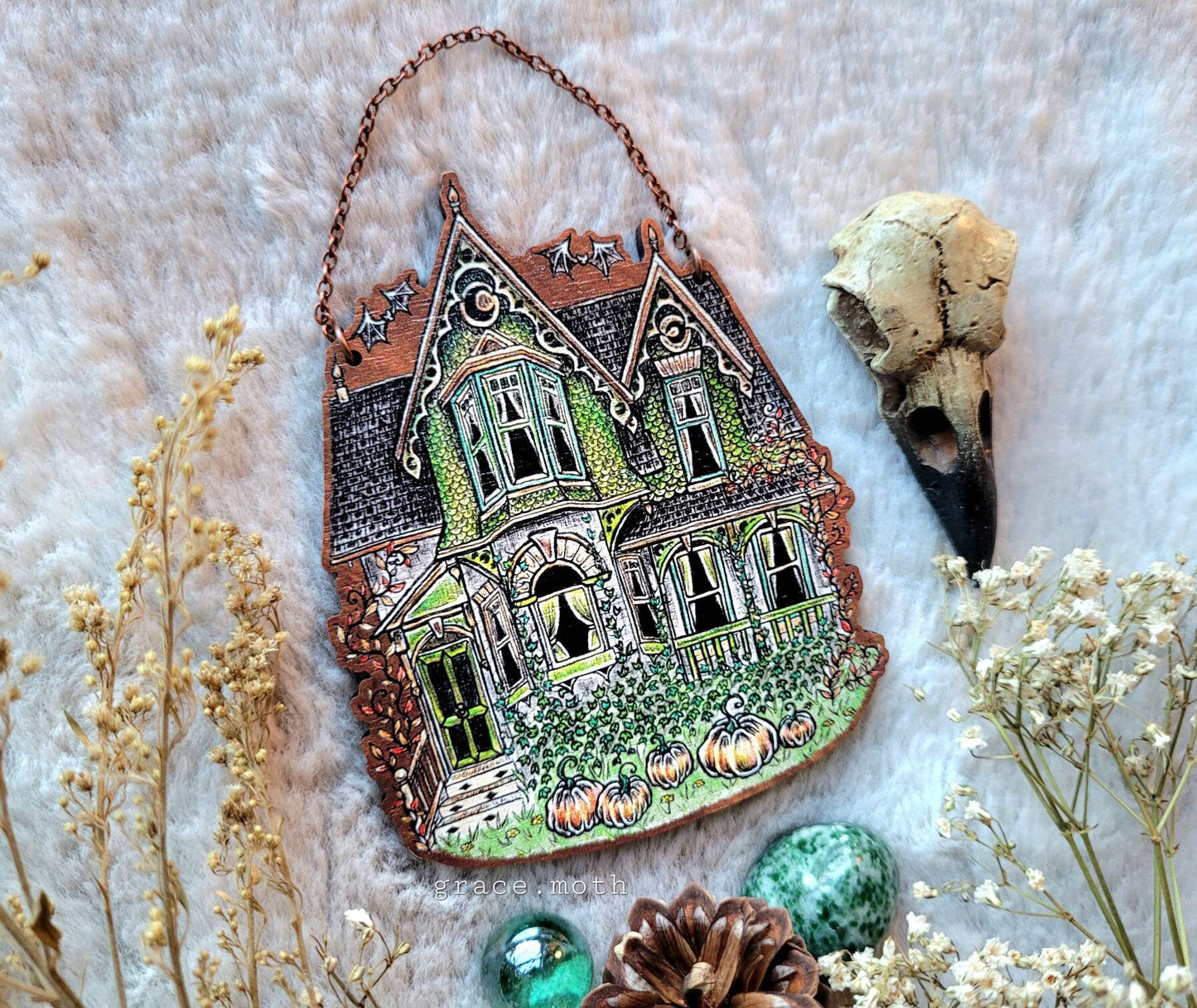 Fall House ornament, wall hanging, 10cm, responsibly sourced cherry wood, chain and ribbon options available, by Grace Moth