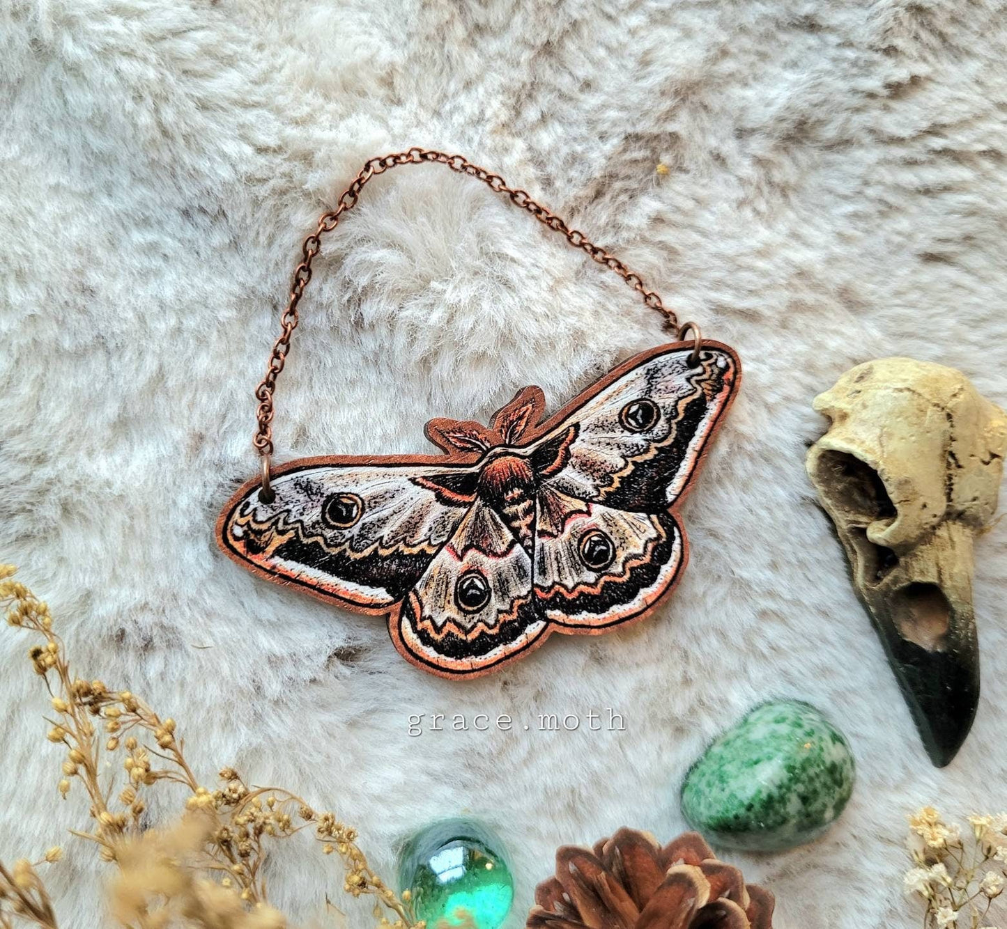 Large Emperor Moth illustrated ornament, wall hanging, responsibly sourced cherry wood, by Grace Moth