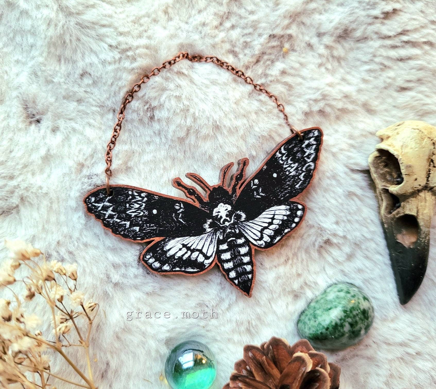 Large Death head hawk Moth illustrated ornament, wall hanging, 7.5cm responsibly sourced cherry wood, chain options available, by Grace Moth