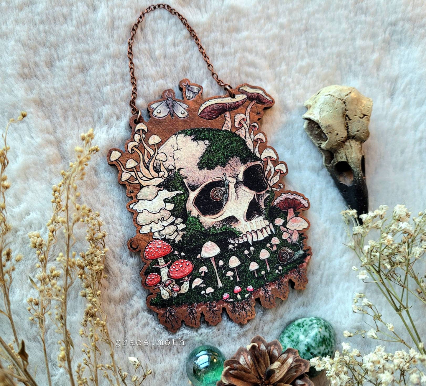 Here lies a fungi - Ornament, Wall hanging, 10cm, responsibly sourced cherry wood, chain and ribbon options available, by Grace Moth