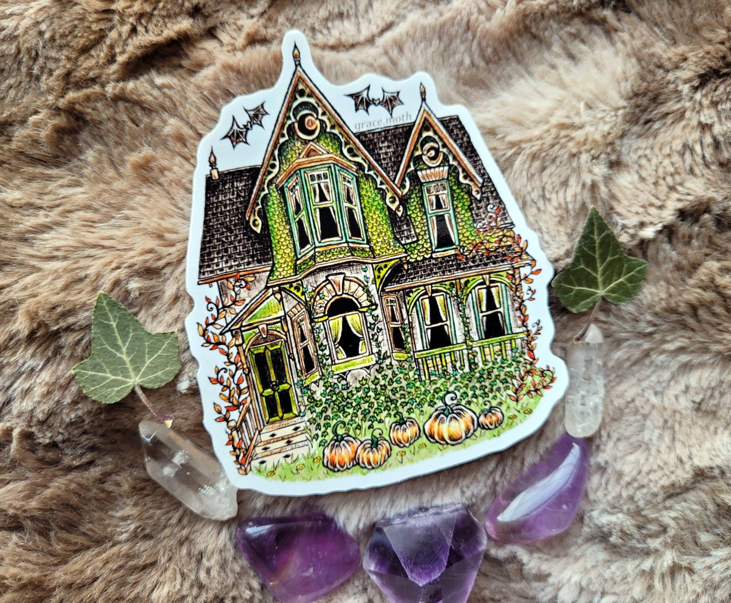 Fall House - Vinyl Sticker 10cm by 8cm - Illustrated by Grace moth. Halloween spooky victorian house sticker