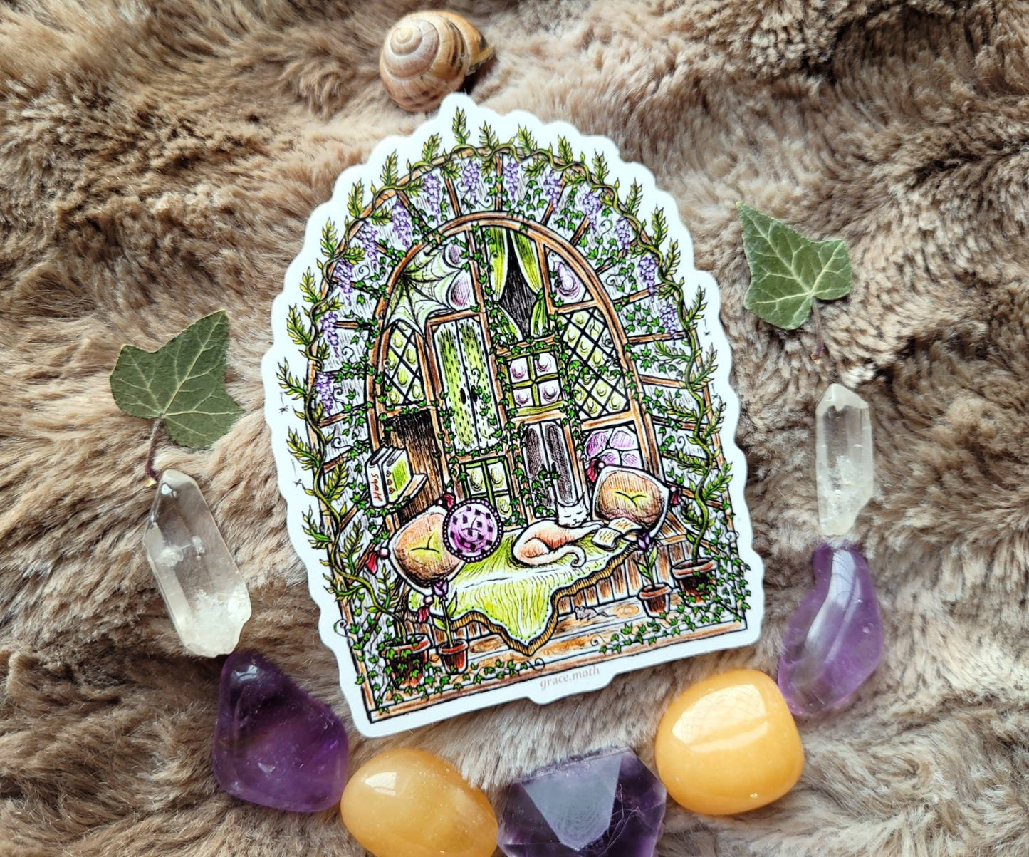 Garden Reading Nook - Vinyl Sticker 10cm by 7.5cm - Illustrated by Grace moth. Flowers, mushrooms, ivy, garden, fantasy, cottage, witchy cat