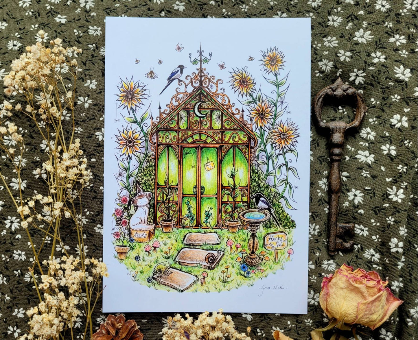 Witchy Greenhouse - A5 or A4 art print by Grace Moth