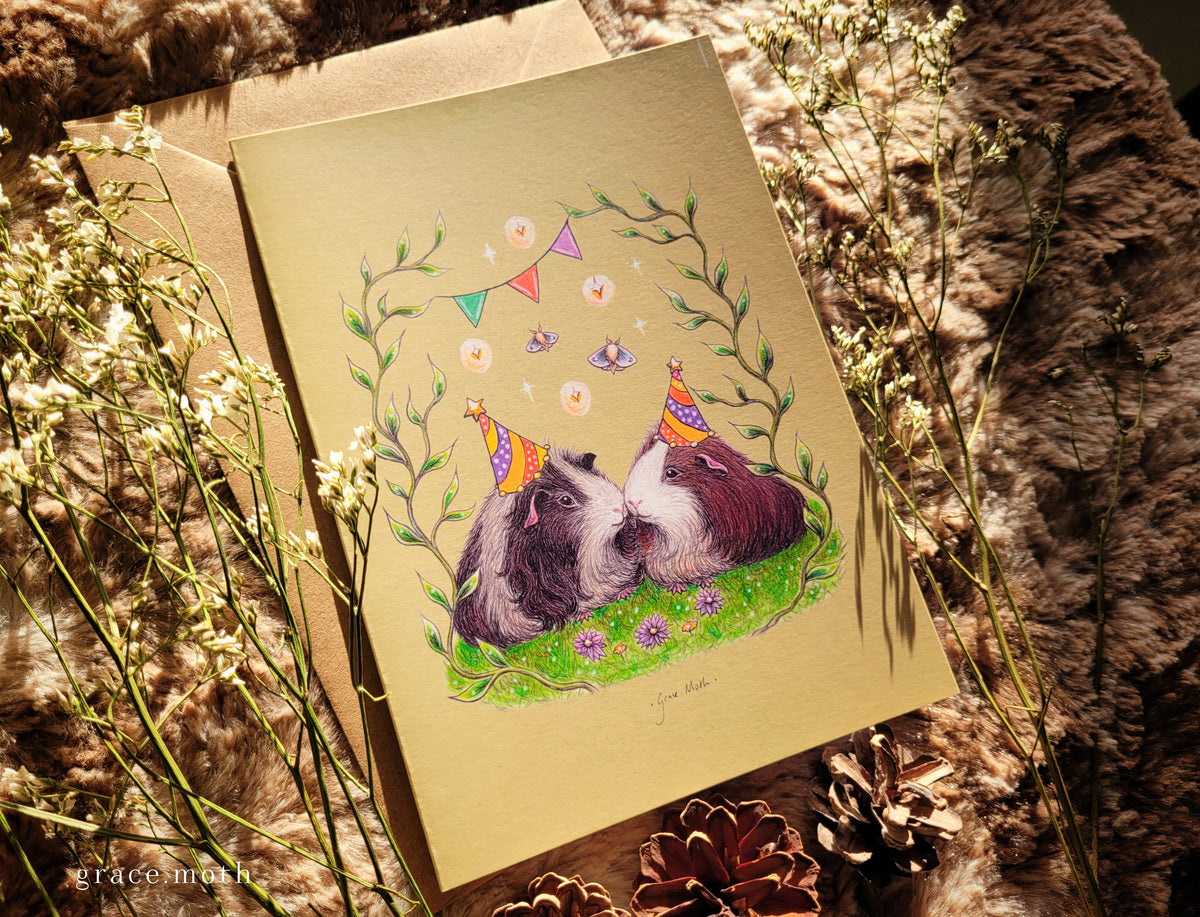 Guinea-pig Party - greeting card illustrated by Grace Moth - A5 sized, 5.8 x 8.3, Cute Birthday Card