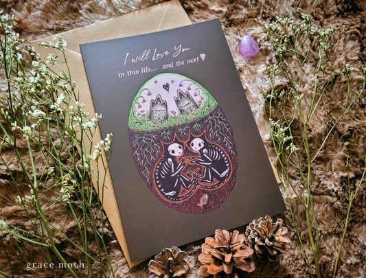 In this life... and the next - greeting card illustrated by Grace Moth - A5 sized, 5.8 x 8.3, romantic buried cats, valentines anniversary gothic