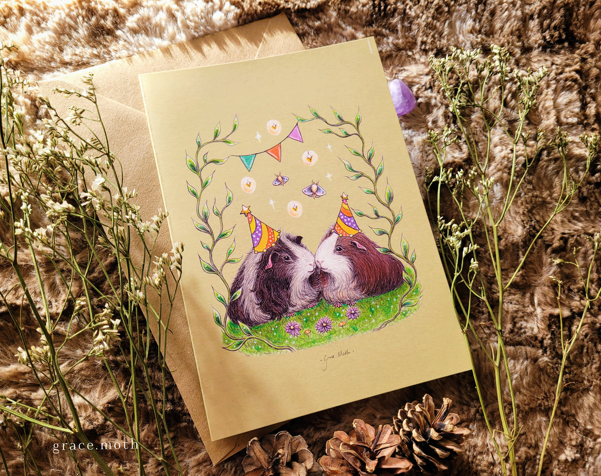 Guinea-pig Party - greeting card illustrated by Grace Moth - A5 sized, 5.8 x 8.3, Cute Birthday Card