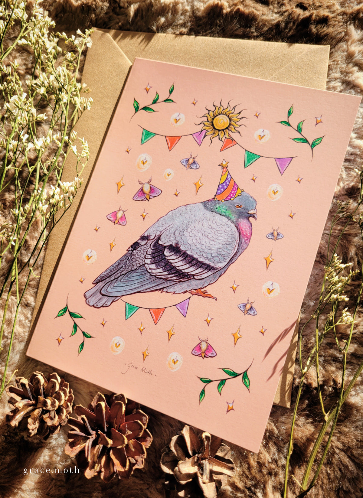 Pigeon Party - greeting card illustrated by Grace Moth - A5 sized, 5.8 x 8.3, Cute Birthday Bird